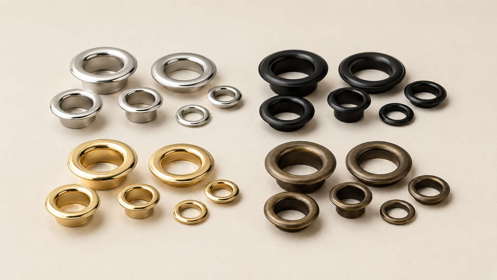 shade sail grommets, Shade sail grommets in different sizes and metal finishes are arranged in groups on a light surface.